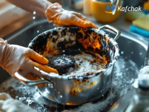 تمیز کردن قابلمه سوخته در سینک ظرف‌شویی