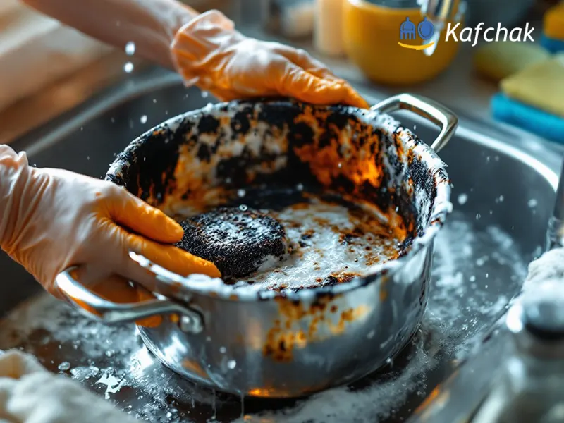 تمیز کردن قابلمه سوخته در سینک ظرفشویی