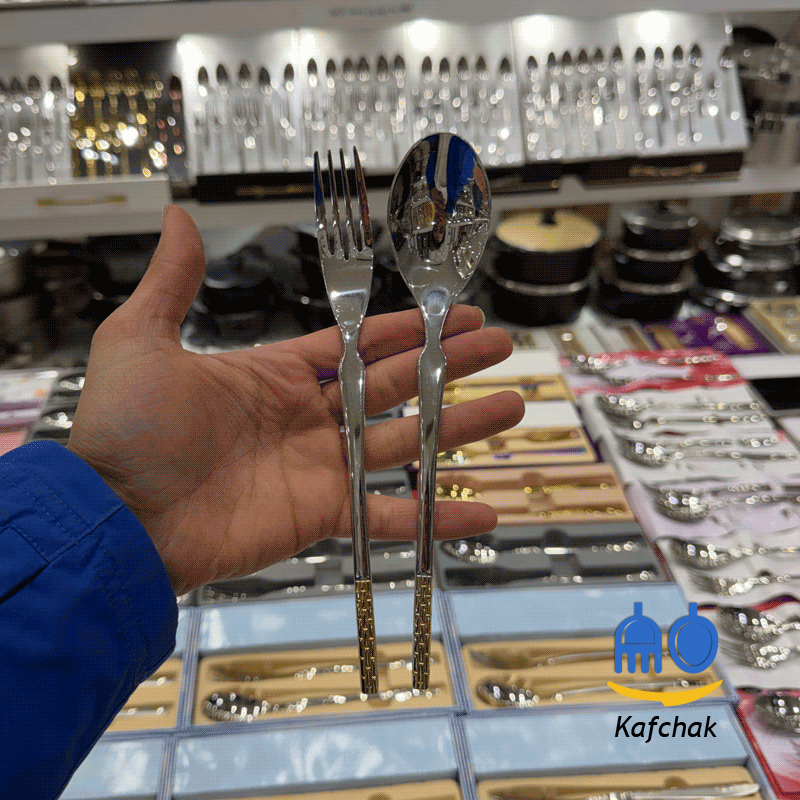 reymond-city-checkered-gold-line-1 قاشق چنگال برند ریموند - مدل سیتی شطرنجی یک خط طلا - استیل براق - تصویر 1